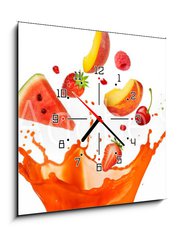 Obraz s hodinami 1D - 50 x 50 cm F_F197062948 - mixed fruit falling into juices splashing on white background - smen ovoce spadajc do vy stkajc na blm pozad