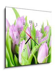 Obraz s hodinami 1D - 50 x 50 cm F_F20187394 - Violet tulips isolated on white background