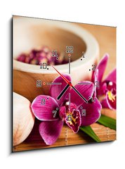 Obraz s hodinami 1D - 50 x 50 cm F_F20493458 - Composition zen - fleurs orchide et mortier bois