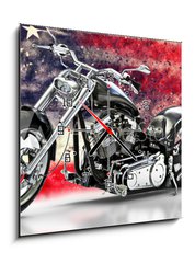 Obraz s hodinami 1D - 50 x 50 cm F_F218075283 - Custom black motorcycle with American flag background with dispersion effects. Made in America concept. 3d rendering