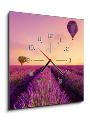 Obraz s hodinami 1D - 50 x 50 cm F_F226739623 - Lavender field rows at sunrise and hot air baloon France Provence - Levandulové pole řady při východu slunce a horkovzdušný balón Francie Provence