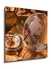 Obraz s hodinami 1D - 50 x 50 cm F_F22842255 - Old Compass and globe - Starý kompas a zeměkoule