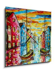 Obraz s hodinami 1D - 50 x 50 cm F_F229305954 - Original art oil and palette knife on canvas - Venice, Amsterdam painting artwork - boats float in the water, the canal, colorful bright houses - impressionism landscape, expressionism, illustration