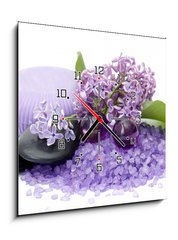 Obraz s hodinami   spa products and lilac flowers, 50 x 50 cm