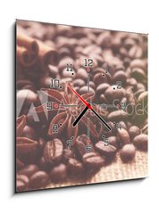 Obraz s hodinami 1D - 50 x 50 cm F_F232714184 - Aromatic roasted coffee beans and anis or badian, sticks of natural cinnamon on  background close up
