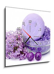 Obraz s hodinami   spa products and lilac flowers, 50 x 50 cm