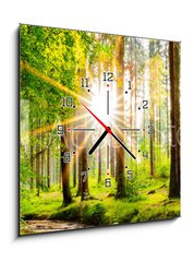 Obraz s hodinami 1D - 50 x 50 cm F_F245602125 - Beautiful forest panorama in spring with bright sun shining through the trees - Krásné lesní panorama na jaře s jasným sluncem prosvítajícím mezi stromy