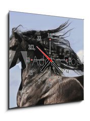 Obraz s hodinami 1D - 50 x 50 cm F_F25113841 - Portrait of moving friesian black horse - Portrét pohybující se frízského černého koně