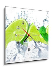Obraz s hodinami 1D - 50 x 50 cm F_F252285331 - lime water splash and ice cubes isolated on the white - stříkající voda z vápna a kostky ledu izolované na bílém
