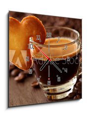 Obraz s hodinami   Espresso coffee with cake on brown background, 50 x 50 cm