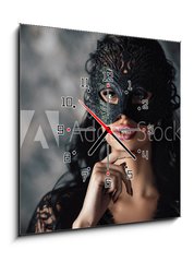 Obraz s hodinami 1D - 50 x 50 cm F_F254214025 - portrait of sexy beautiful woman in lace black erotic lingerie and carnival mask on dark background