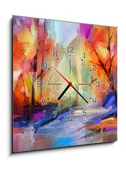 Obraz s hodinami 1D - 50 x 50 cm F_F257481491 - Oil painting colorful autumn trees. Semi abstract image of forest, landscapes with yellow - red leaf and lake. Autumn, Fall season nature background. Hand Painted Impressionist, outdoor landscape - Olejomalba barevné podzimní stromy. Semi abstraktní obraz lesa, krajiny se žlutou