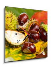 Obraz s hodinami 1D - 50 x 50 cm F_F25981199 - Composition of autumn chestnuts and leaves