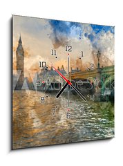 Obraz s hodinami 1D - 50 x 50 cm F_F262193583 - Watercolor painting of Big Ben and Westminster Bridge during Winter sunset. - Akvarelu Big Ben a Westminster Bridge bhem zimnho slunce.