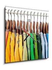 Obraz s hodinami   Rainbow colors, clothes on wooden hangers, 50 x 50 cm