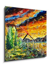 Obraz s hodinami 1D - 50 x 50 cm F_F277362459 - Impressionism oil painting landscape paint art Red sea ship, scarlet sails, sunset over mountains, yellow-red clouds with a palette knife