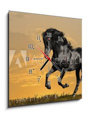 Obraz s hodinami 1D - 50 x 50 cm F_F29158232 - black horse runs gallop - černý kůň běží cval