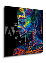 Obraz s hodinami 1D - 50 x 50 cm F_F294351588 - UV body art painting of helloween female african warrior - UV body art malování helloweenské ženy afrického válečníka