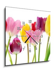 Obraz s hodinami 1D - 50 x 50 cm F_F29490982 - Spring tulip flowers in a row - Jarní květiny tulipánů v řadě