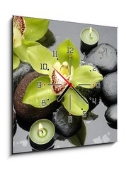 Obraz s hodinami 1D - 50 x 50 cm F_F30029365 - therapy stones and orchid flower with water drops - léčivé kameny a orchidejové květiny s vodními kapkami