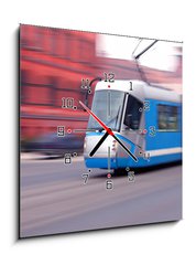 Obraz s hodinami 1D - 50 x 50 cm F_F30286371 - Modern  blue tram rider fast on rails