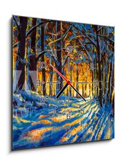 Obraz s hodinami 1D - 50 x 50 cm F_F306486660 - Oil painting with acrylic watercolor. Winter forest. Sunny winter forest wood landscape illustration artwork nature. - Olejomalba akrylovým akvarelem. Zimní les. Sunny zimní les dřevo krajina ilustrace umělecká díla příroda.