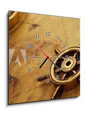 Obraz s hodinami 1D - 50 x 50 cm F_F31849348 - Steering wheel on the old map - Volant na star map