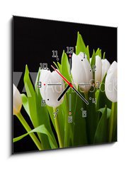 Obraz s hodinami 1D - 50 x 50 cm F_F31897392 - Bouquet of white tulips on black background