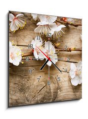 Obraz s hodinami 1D - 50 x 50 cm F_F31985632 - Wood background with spring blossom - Dřevěné pozadí s jarní květy