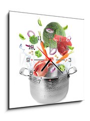 Obraz s hodinami 1D - 50 x 50 cm F_F320560675 - Many different ingredients falling into pot on white background. Delicious recipe