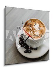 Obraz s hodinami 1D - 50 x 50 cm F_F320686754 - Fresh brewed coffee with fern pattern latte art in white cup