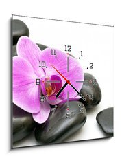 Obraz s hodinami 1D - 50 x 50 cm F_F32153817 - Pink orchid and zen Stones on a white background