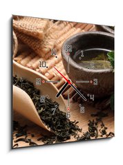 Obraz s hodinami   Cup of fresh green tea, 50 x 50 cm