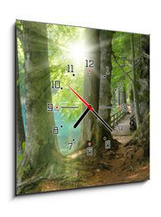Obraz s hodinami   Sonnenschein im Wald neben klarem See, 50 x 50 cm