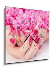 Obraz s hodinami 1D - 50 x 50 cm F_F32966573 - Woman cupped hands with pink manicure holding a flower - Žena pokrčila ruce s růžovou manikúru držící květinu