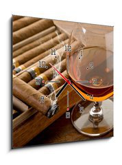 Obraz s hodinami 1D - 50 x 50 cm F_F34951476 - cuban cigar and cognac on wood background - kubánský doutník a koňak na dřevěném pozadí