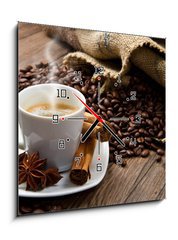 Obraz s hodinami 1D - 50 x 50 cm F_F35054007 - Coffee cup with burlap sack of roasted beans on rustic table