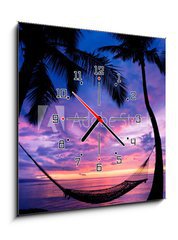 Obraz s hodinami 1D - 50 x 50 cm F_F37335757 - Beautiful Vacation Sunset, Hammock Silhouette with Palm Trees