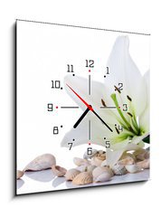Obraz s hodinami 1D - 50 x 50 cm F_F3753858 - spa flower towel sea shell on white - lázeň květ ručník mořské skořápky na bílém