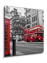 Obraz s hodinami 1D - 50 x 50 cm F_F38435488 - Cabine téléphonique et bus rouges Londres (UK) - Cabine téléphonique a bus rouges Londres (Velká Británie)
