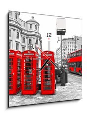 Obraz s hodinami 1D - 50 x 50 cm F_F39354761 - Red telephone boxes and double-decker bus, london, UK. - Červené telefonní schránky a dvojité