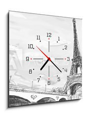 Obraz s hodinami 1D - 50 x 50 cm F_F40124370 - Parisian streets -Eiffel Tower illustration - Pařížské ulice