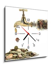 Obraz s hodinami   Money coins fall out of the golden tap, 50 x 50 cm