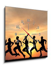 Obraz s hodinami 1D - 50 x 50 cm F_F41044614 - Marathon, black silhouettes of runners on the sunset - Maraton, černé siluety běžců na západ slunce