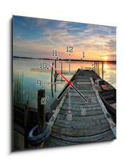 Obraz s hodinami 1D - 50 x 50 cm F_F41342790 - Steg mit Boot im Sonnenuntergang