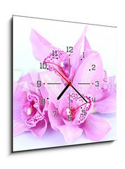 Obraz s hodinami 1D - 50 x 50 cm F_F41582656 - beautiful pink orchid against blue background