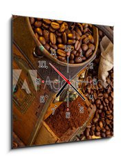 Obraz s hodinami   Kaffee. Kaffeebohnen und Kaffeem hle, 50 x 50 cm