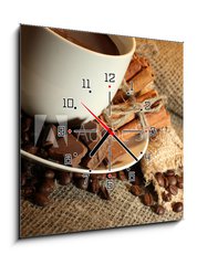Obraz s hodinami 1D - 50 x 50 cm F_F42677885 - cup of coffee and beans, cinnamon sticks and chocolate - šálek kávy a fazolí, skořice a čokolády