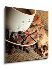 Obraz s hodinami 1D - 50 x 50 cm F_F42677885 - cup of coffee and beans, cinnamon sticks and chocolate