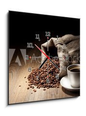 Obraz s hodinami   Coffee cup with burlap sack of roasted beans on rustic table, 50 x 50 cm